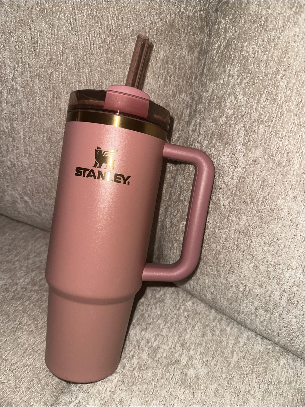 Stanley Rose Pink Travel Mug with Gold Accent and Handle